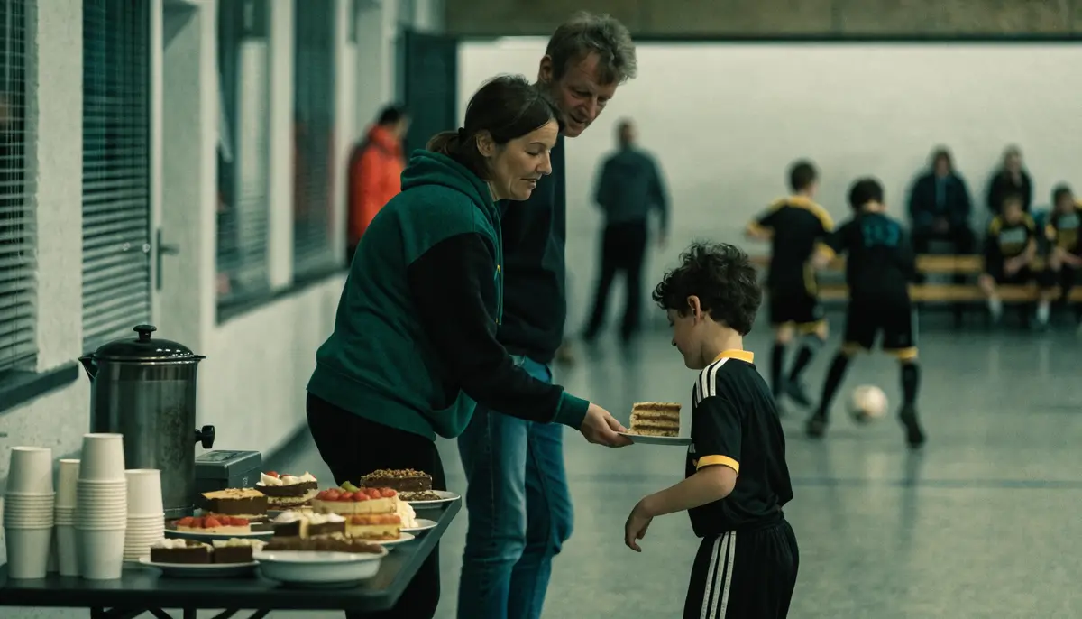 Eltern verkaufen beim Hallenturnier Kuchen an einen Jungen im Trikot